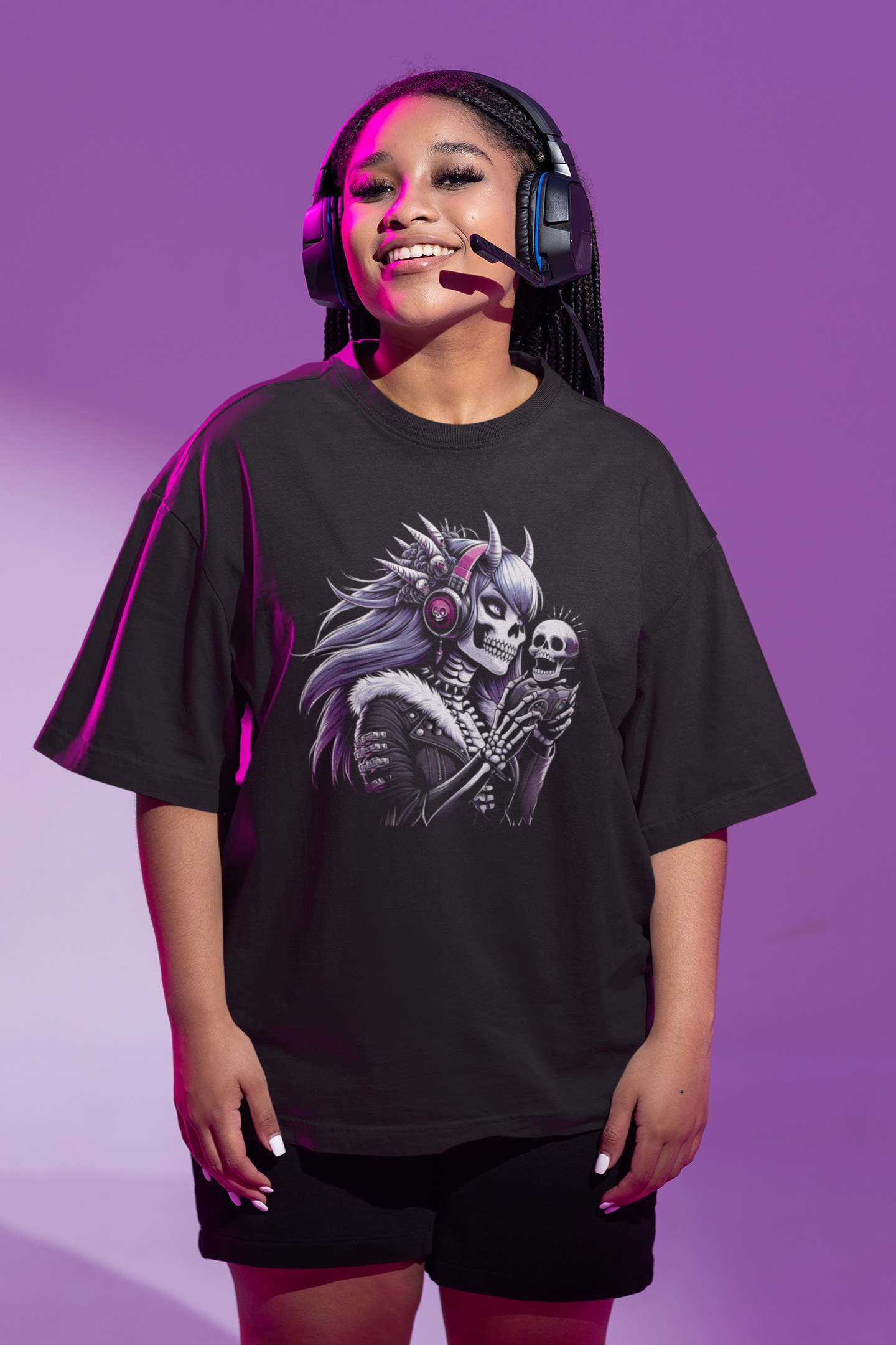 Skeleton Gamer Girl Purple Hair T-shirt